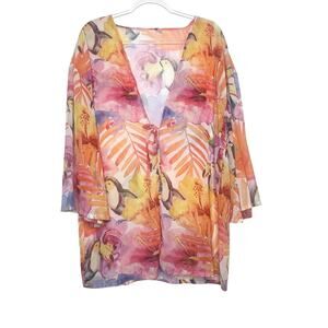 ANAN BABY Sheer Kimono Floral Tropical Parrot Print Orange Multi Womens Size L
